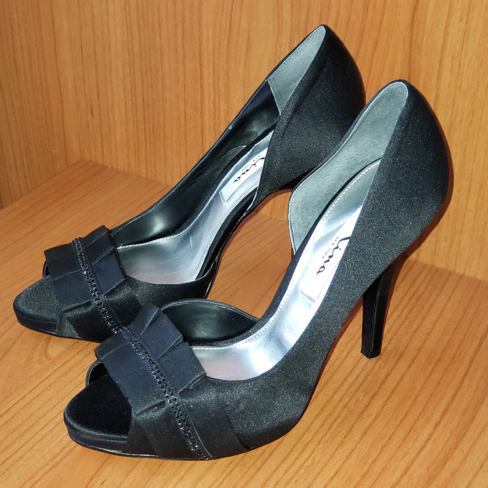 Black Satin Dressy Tux Peep Toe Pumps Size 8 NEW